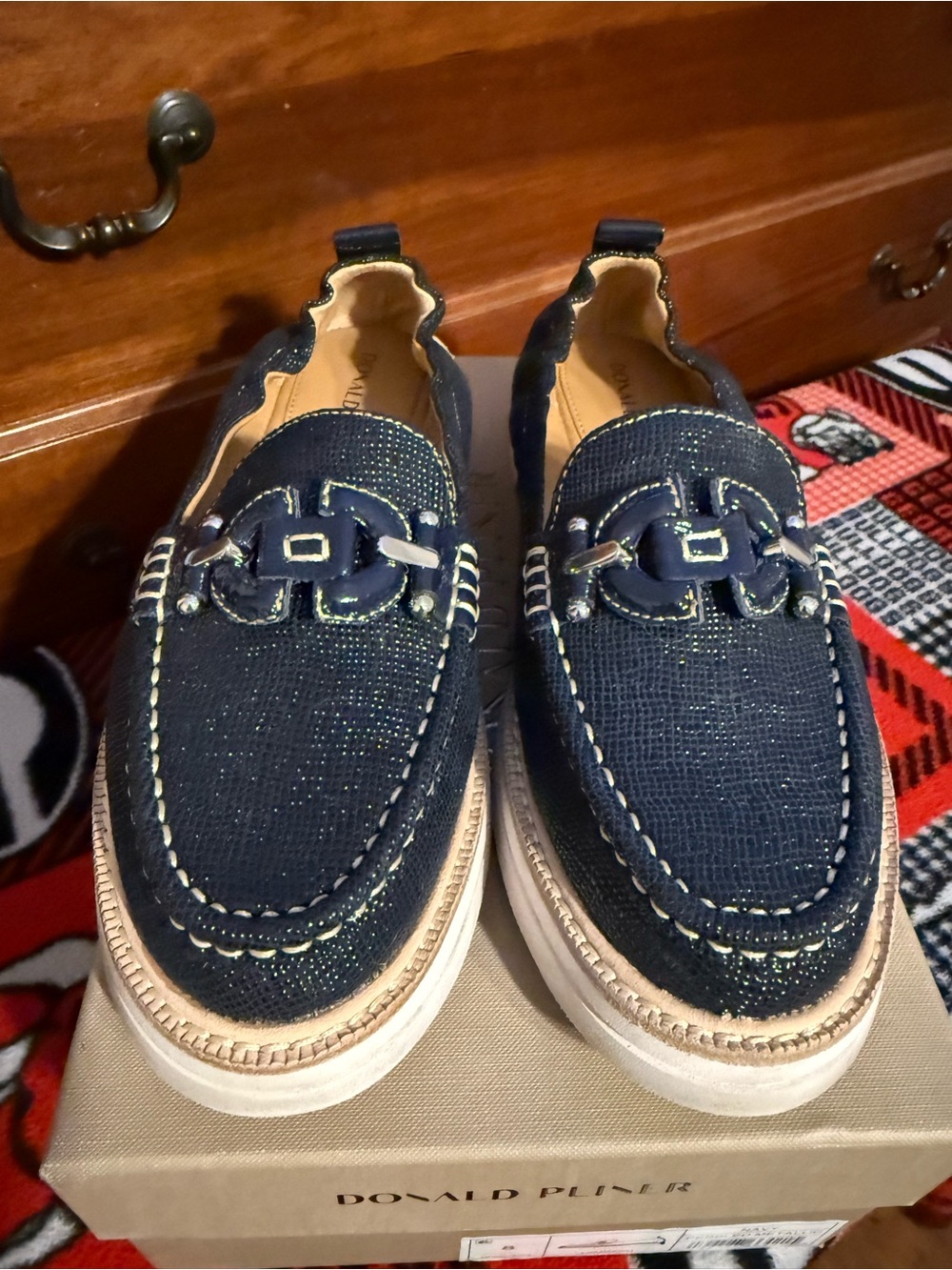 Donald J. Pliner Navy Sparkle Slip-On Loafers with Contrast Sole